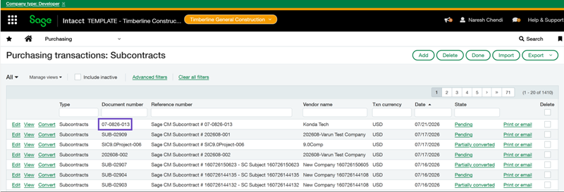 An example of a Sage CM subcontract doc number appearing in Sage Intacct.