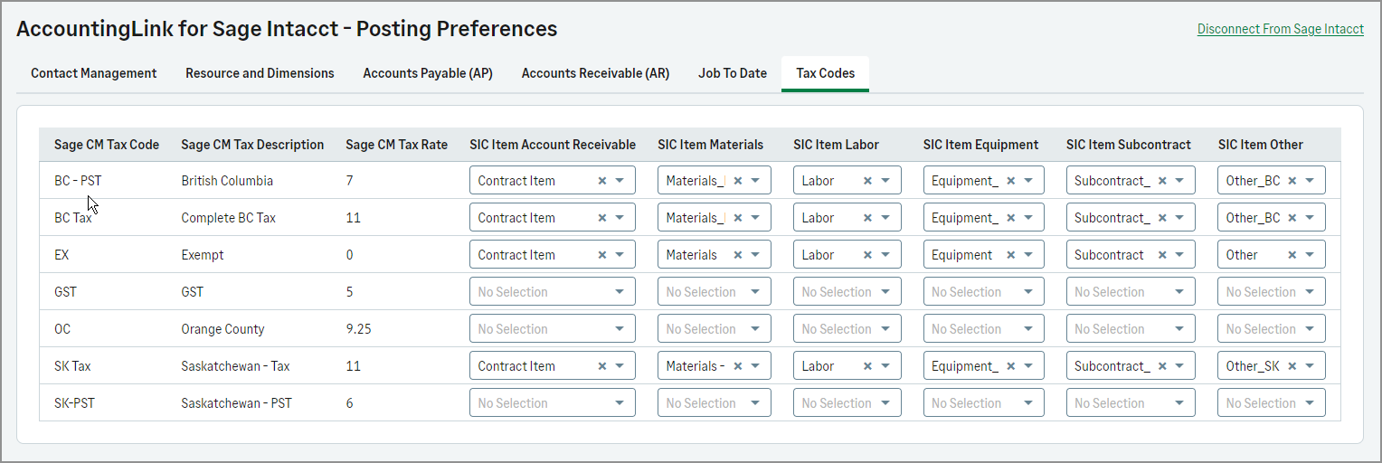 The Tax codes tab on the AccountingLink for Intacct Posting preferences screen. 