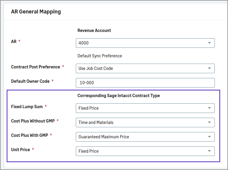 The Accounts Receivable tab in Posting preferences is shown with the new Sage Intacct contract type fields circled. 
