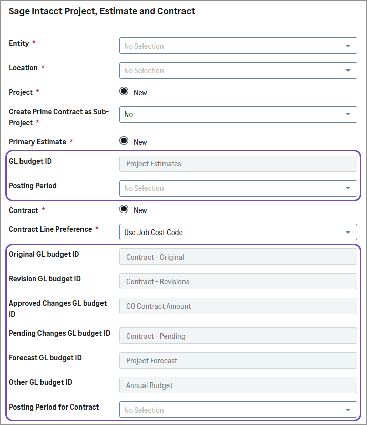 Sage Intacct project, estimate, and contract section of posting wizard. The new fields that were added are highlighted and listed in the document. 