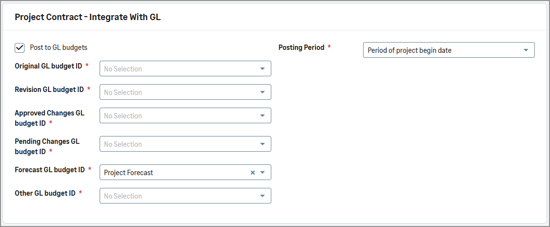 Project contract - Integrate with GL section of the Resource and dimensions tab in Posting preferences. If the Post to GL budgets checkbox is selected, you can select a posting period and several budget options.