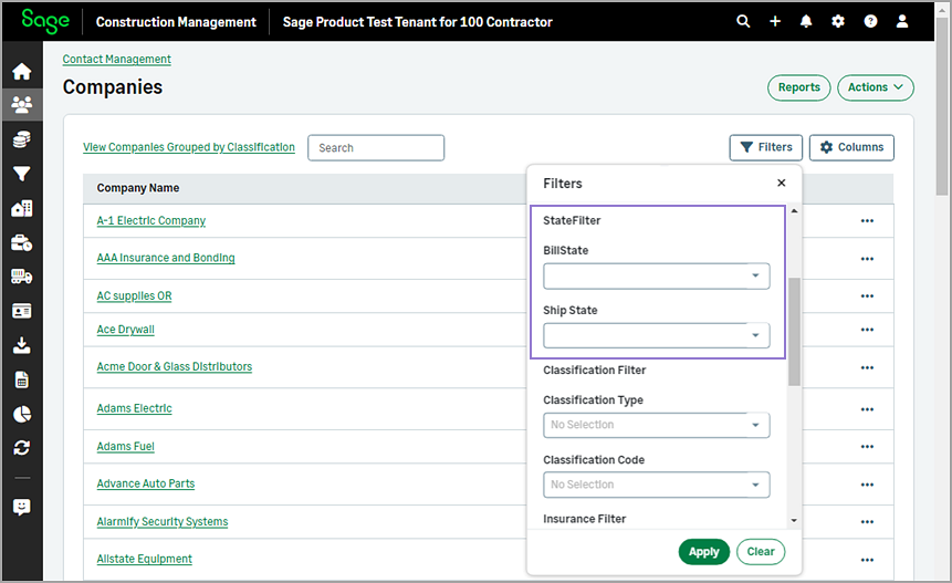 The BillState and Ship State filter options.