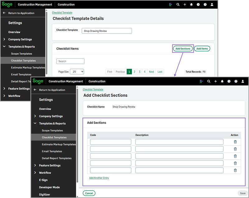 Add Checklist Sections page showing fields to enter section codes and descriptions.