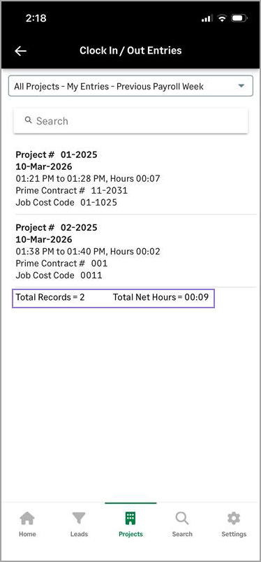 The Clock In / Out listing footer displays totals for both records and net hours.