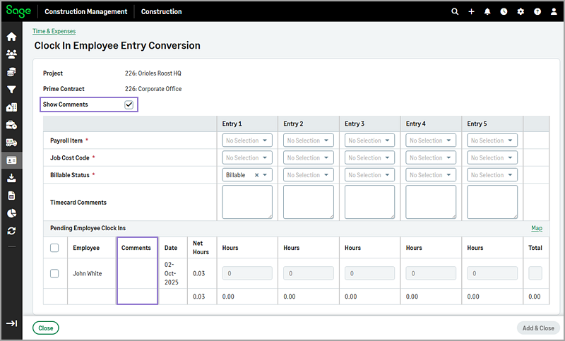 The Show Comments checkbox is selected by default and the Comments column displays in the employees section.