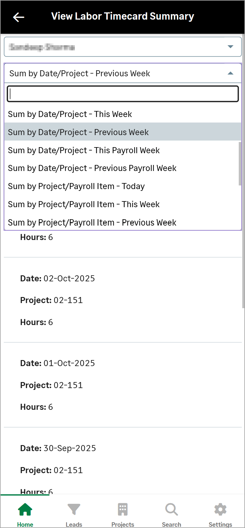 Views dropdown showing available options on the Labor Timecard Summary page.