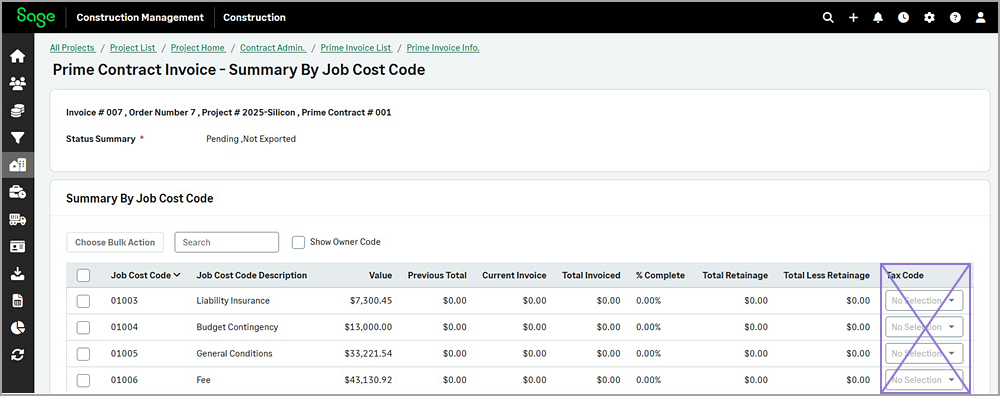 The Summary By Job Cost Code page with the Tax Code column crossed out.