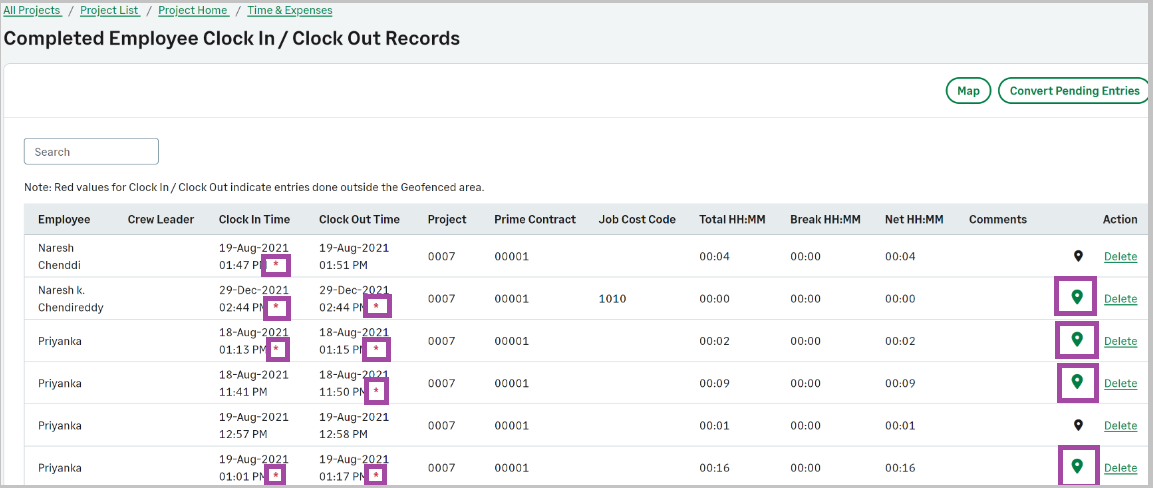 The clock-in and clock-out times outside the geofenced area marked with a red asterisk and the green map icons that can be clicked to provide details.