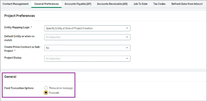 The new section including Field Truncation options such as throwing an error message or truncating the record names 