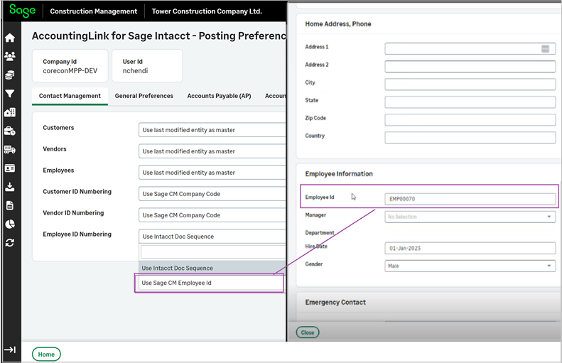 Using the Sage Construction Management employee ID in the Employee Information section.