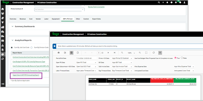 An example of the new report showing data for PM forecast cost at completion and PM forecast contract value.