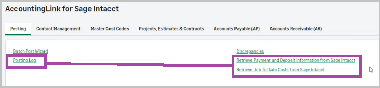 The links for retrieving payment and deposits and job to date costs data from Sage Intacct and the posting log link.