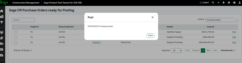 Posting error message notifying user that the transaction has already been posted.