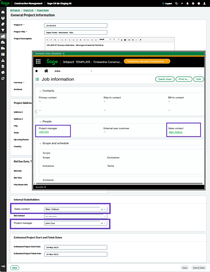 Sage Intacct Job information screen showing Project manager and Sales contact fields populated in the General Project Information in Sage Construction Management.