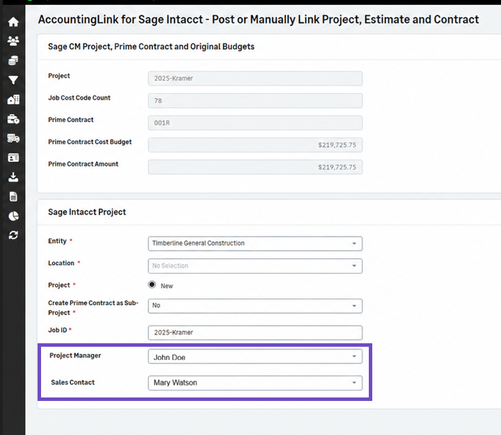 Sage Construction Management - Projects, Estimates and Contracts tab showing Project manager and Sales contact fields populated.