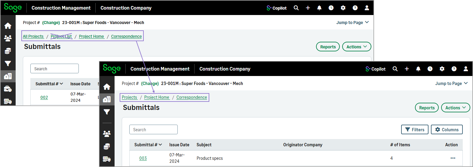 Breadcrumb navigation before and after the update, showing the new landing page structure.