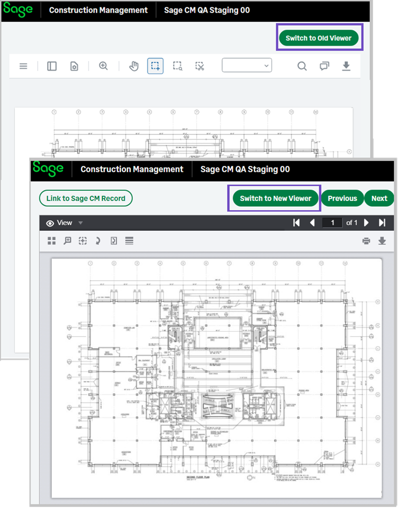 Document viewer with options to switch between new and old modes on the top right and a drawing displayed