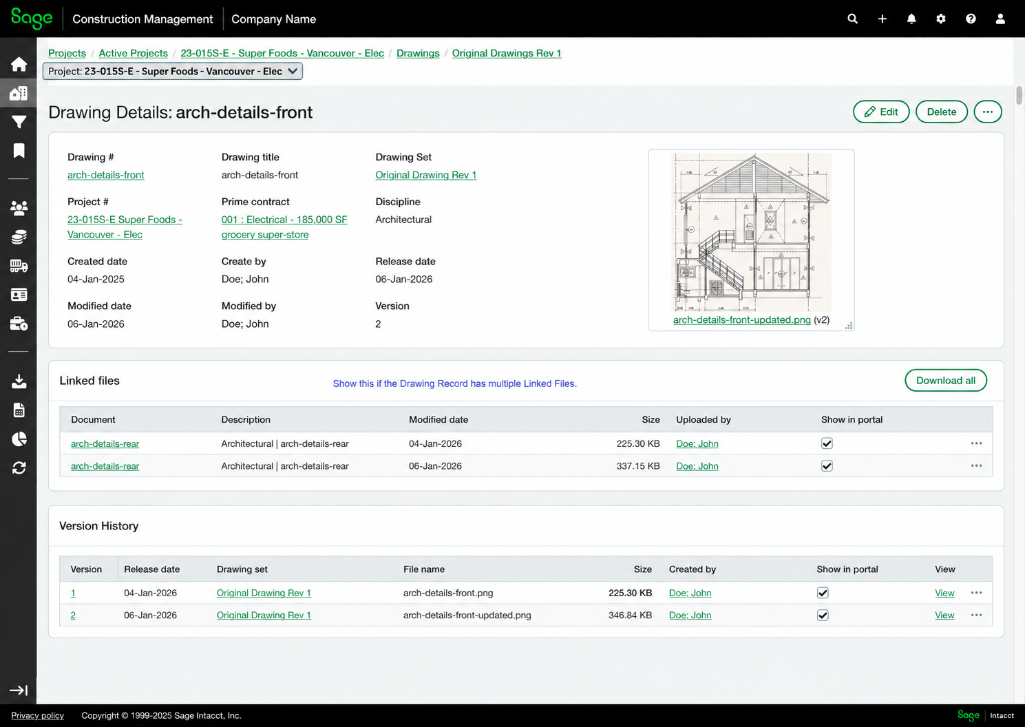 Drawings list grouped by Discipline with dropdown open showing grouping options and rows organized by categories like Architectural, Civil, and Electrical, including attachments and release dates.