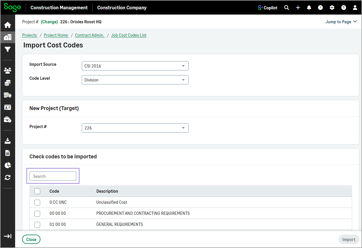 The job cost code import list includes a search field at the top for filtering results.
