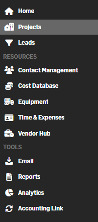 Left sidebar navigation menu with options: Home, Projects selected, Leads, Contact Management, Cost Database, Equipment, Time & Expenses, Vendor Hub, Email, Reports, Analytics, and Accounting Link.