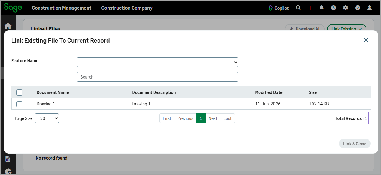 File list with pagination controls and records-per-page selection in the dialog.