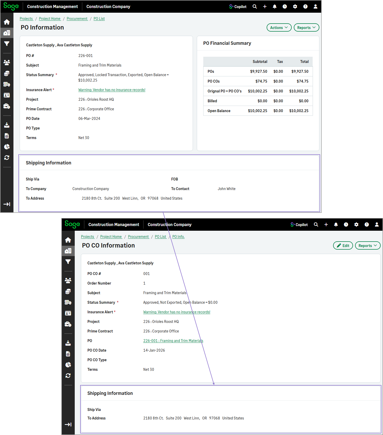 The PO shipping address is automatically copied to the POCO Shipping Information section.