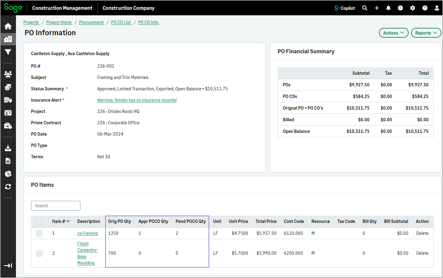 The original PO quantities and the approved and pending POCO quantities display in the PO Items section.