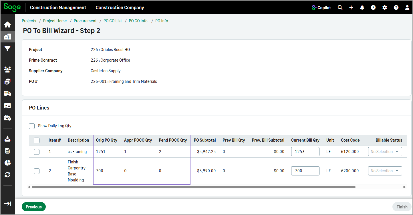 The original PO quantities and the approved and pending POCO quantities display in the PO Lines section.