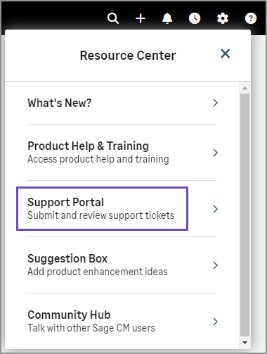 Resource Center menu with Support Portal menu option highlighted.