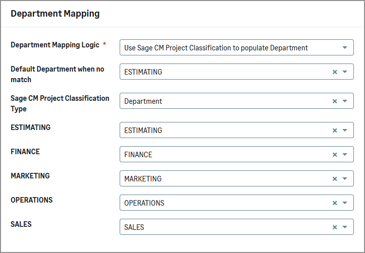 Department mapping section of the Resources and dimensions tab on the Posting Prefereces screen for Sage Intacct AccountingLink.