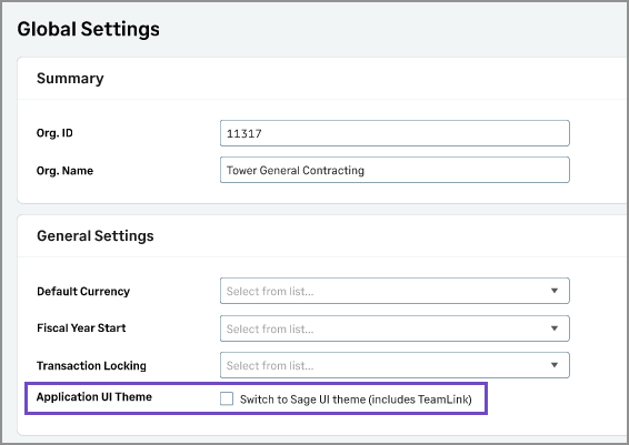 Global settings screen.