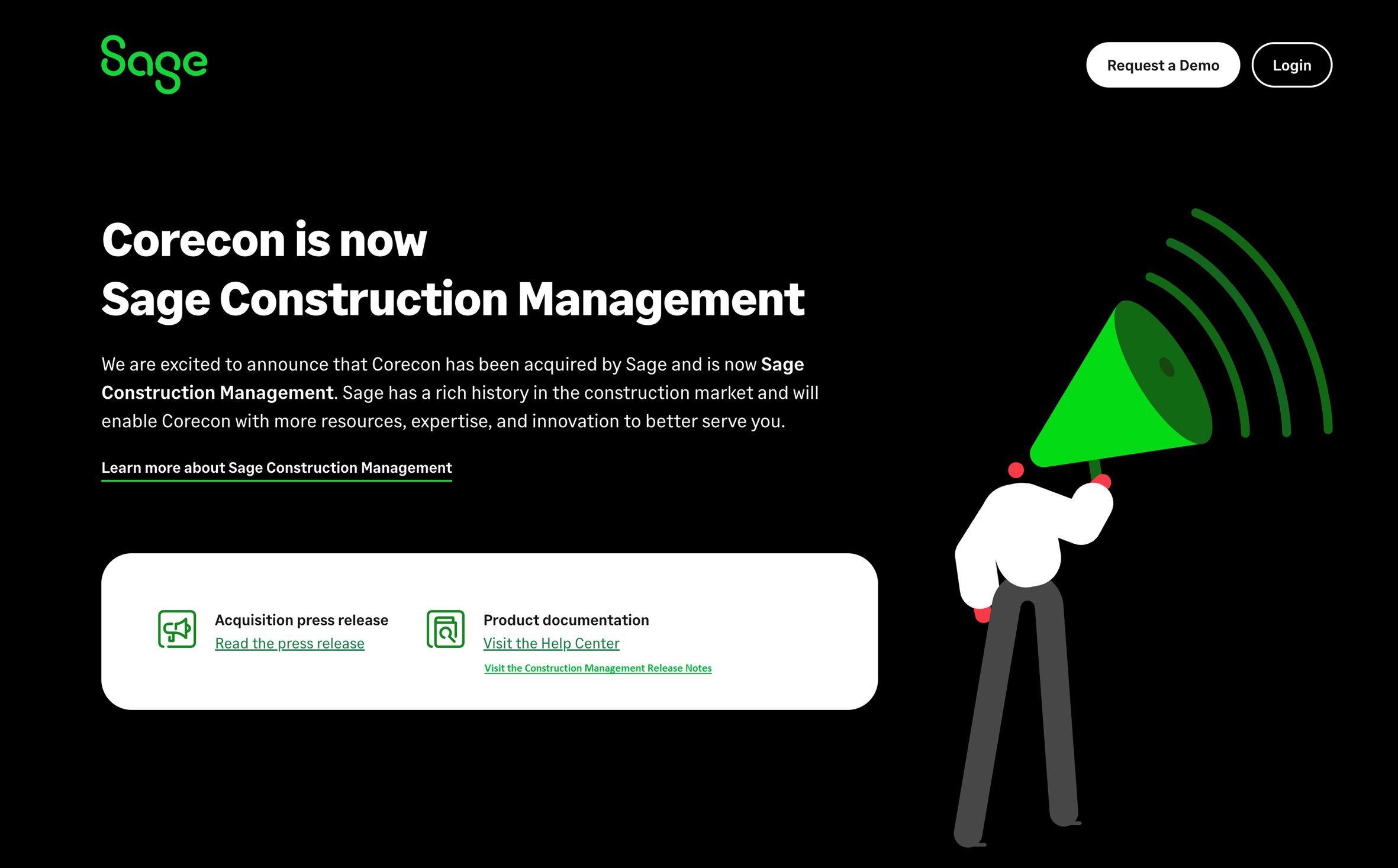 Sage Construction Management webpage with Login button.