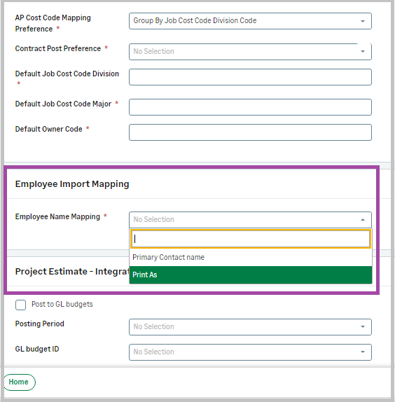 The employee import mapping dropdown.