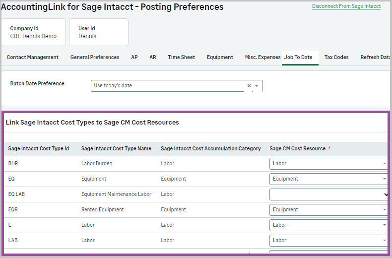 The Sage Intacct cost types to the Sage Construction Management cost resources.