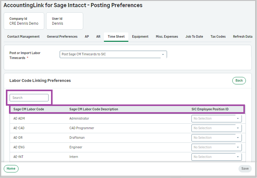 The Labor Code Linking Preferences filter and headings.