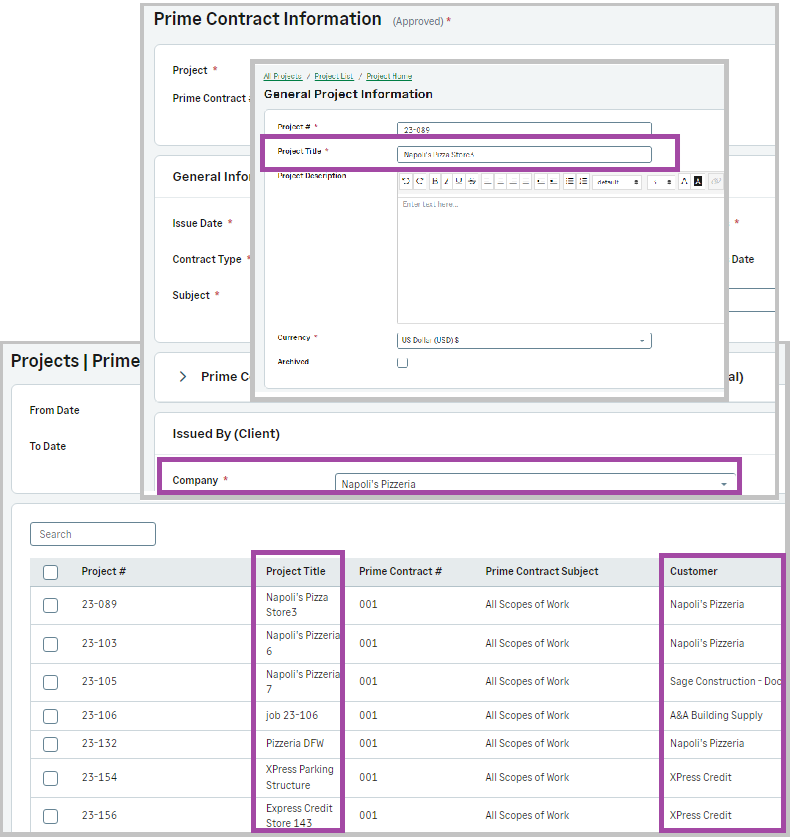 Change the project title and customer in Sage Construction management and use the updated values in the Accounting Link for Sage Intacct.