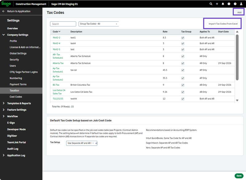 The options to import or add tax codes are disabled in Settings > Company Settings > Taxation.
