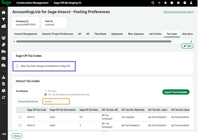 The Allow Tax Code changes and deletions checkbox is unchecked.