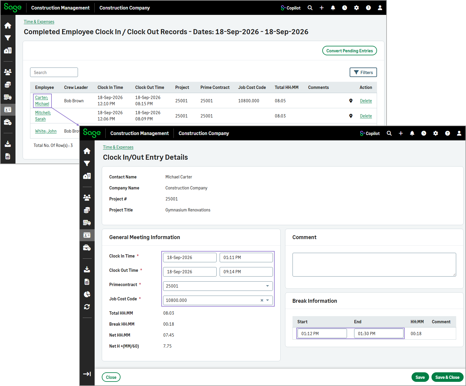 When you select the employee name, the Clock In/Out Entry Details page opens where you can update the entry.