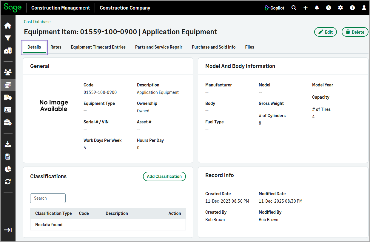 Equipment Item page showing the Details tab with equipment information and classifications.