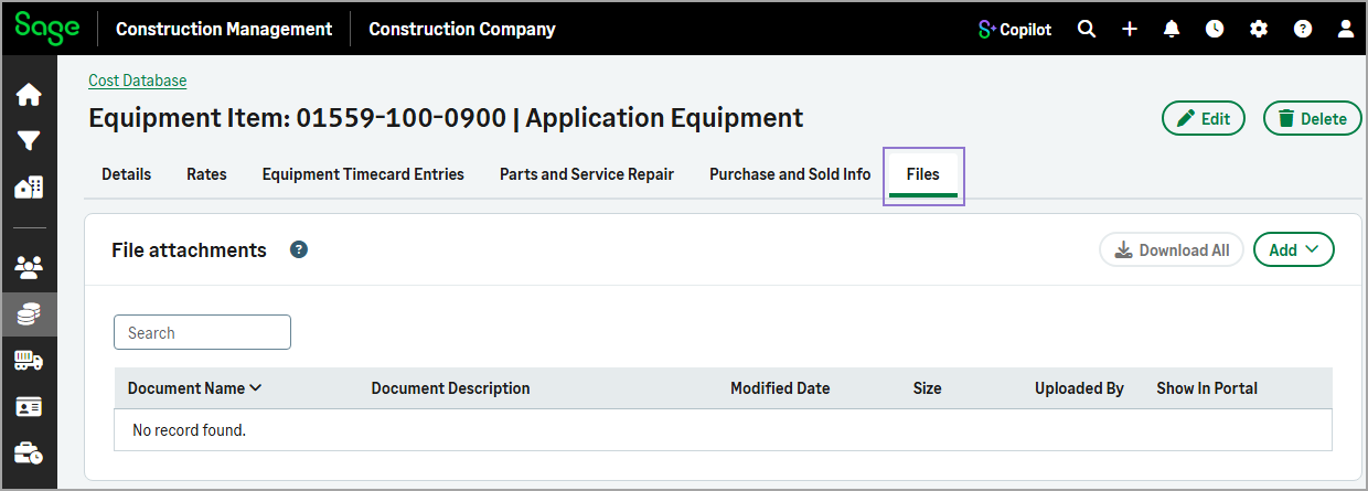 Equipment Item page showing the Files tab with attached documents and files.