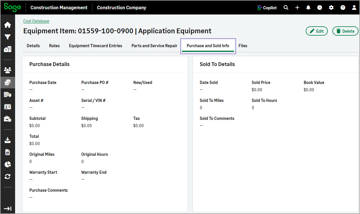 Equipment Item page showing the Purchase and Sold Info tab with purchase and sale details.