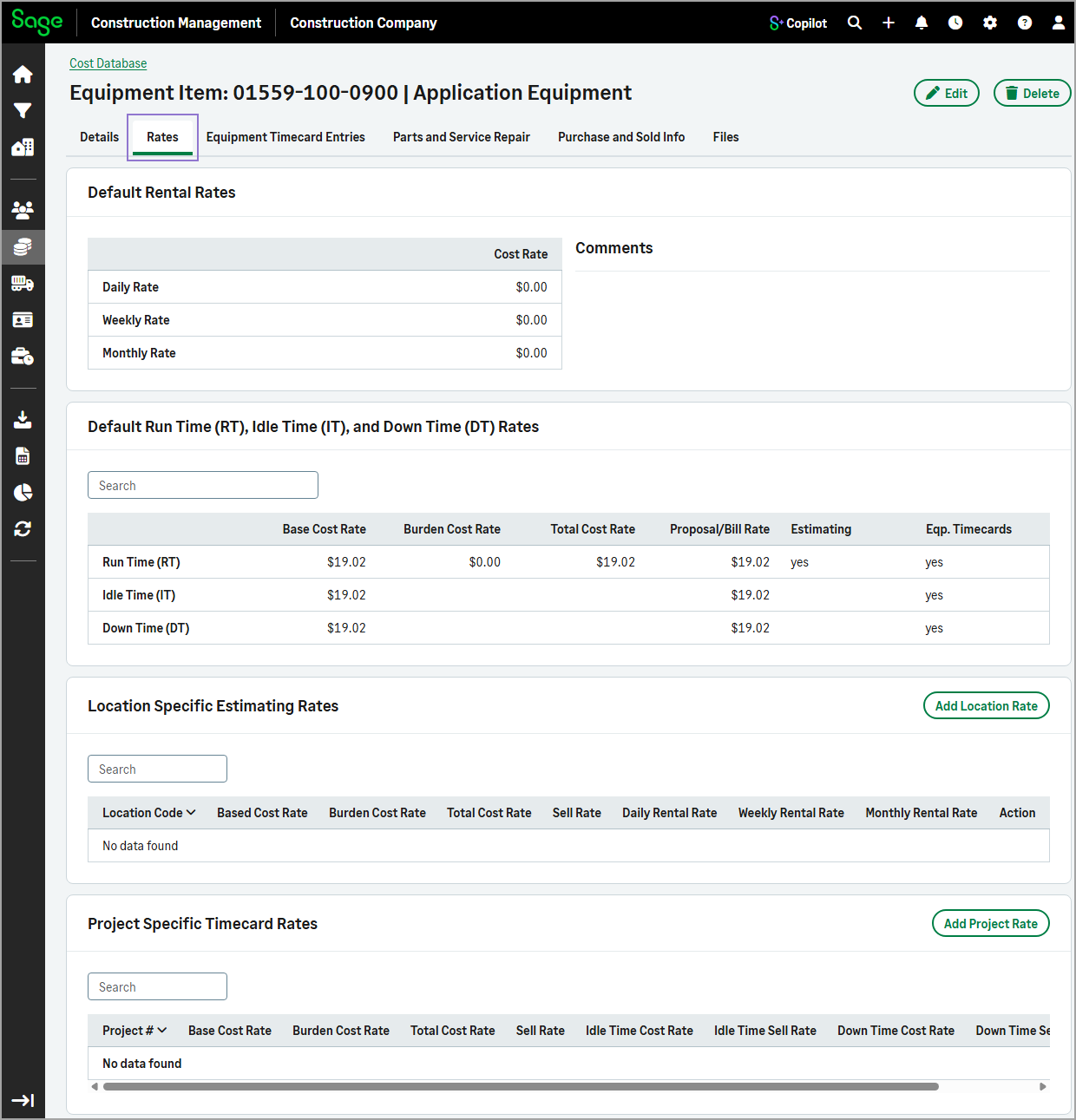 Equipment Item page showing the Rates tab with rental and time-based rates.