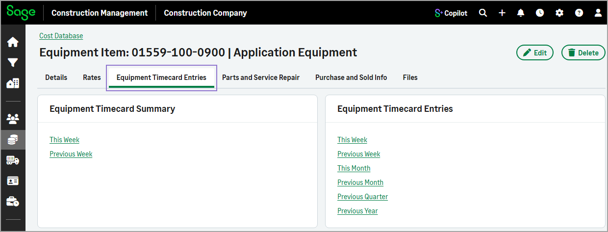 Equipment Item page showing the Equipment Timecard Entries tab with links to timecard records and summaries.