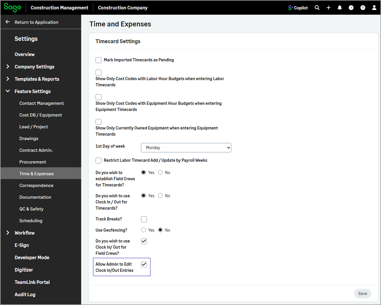 The Allow Admin to Edit Clock In/Out Entries is selected on the Feature Settings page.