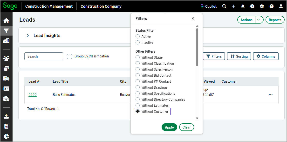 The Without Customer filter is selected on the Leads page.
