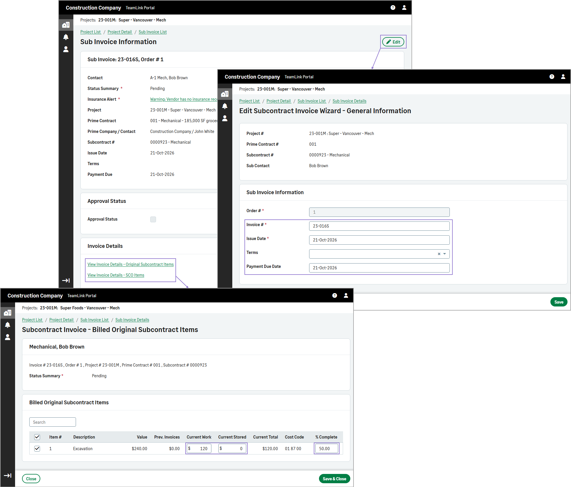Edit Subcontract Invoice form showing a pending invoice opened for editing from the TeamLink Portal.