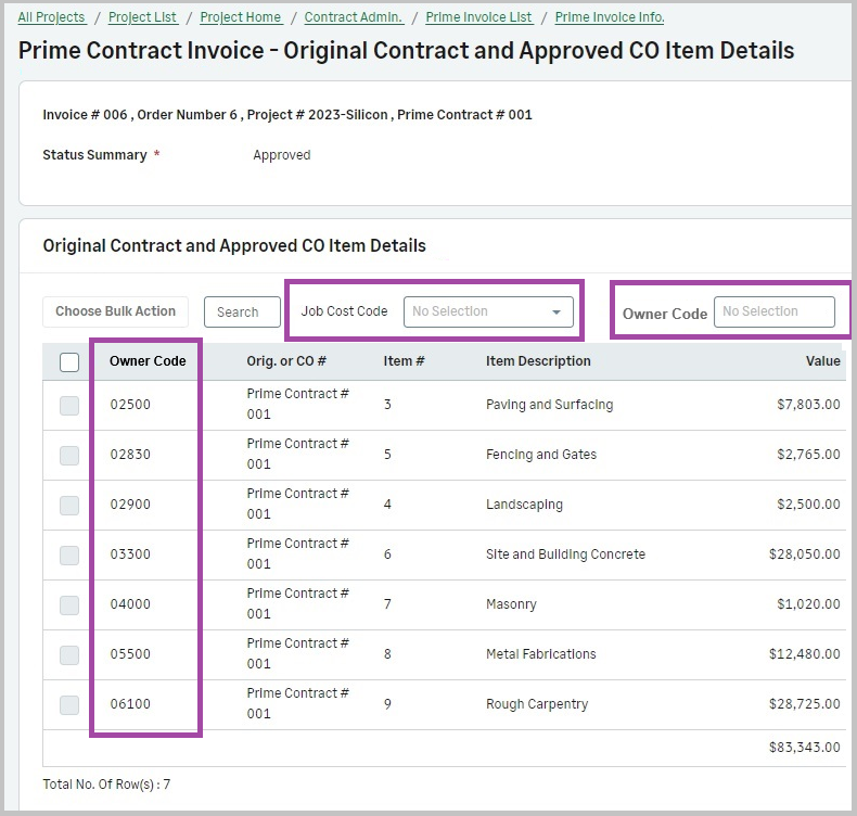 The Owner Code in the Original Contract and Approved CO Item Details page.