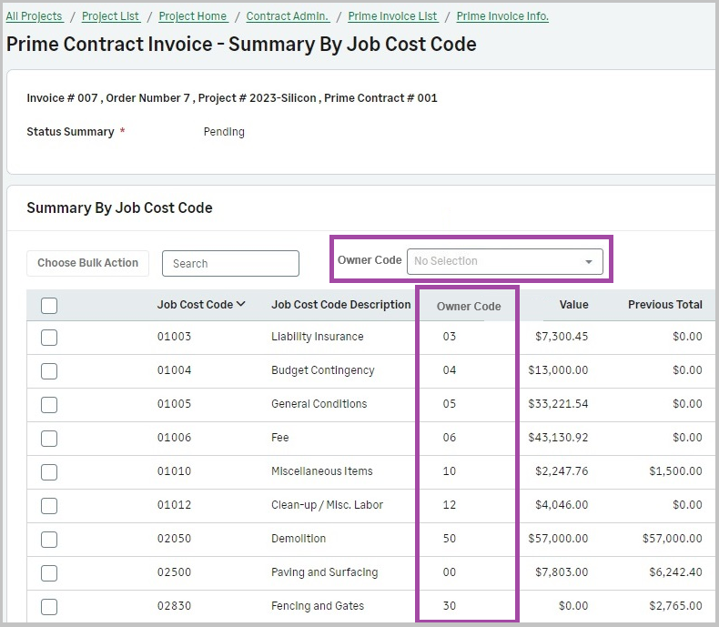 The Owner Code in the summary by job cost code.