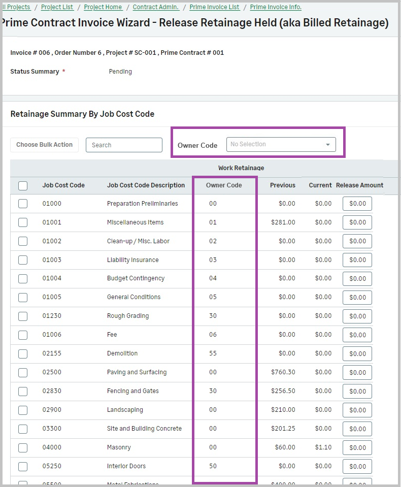 The Owner Code in the Retainage page.